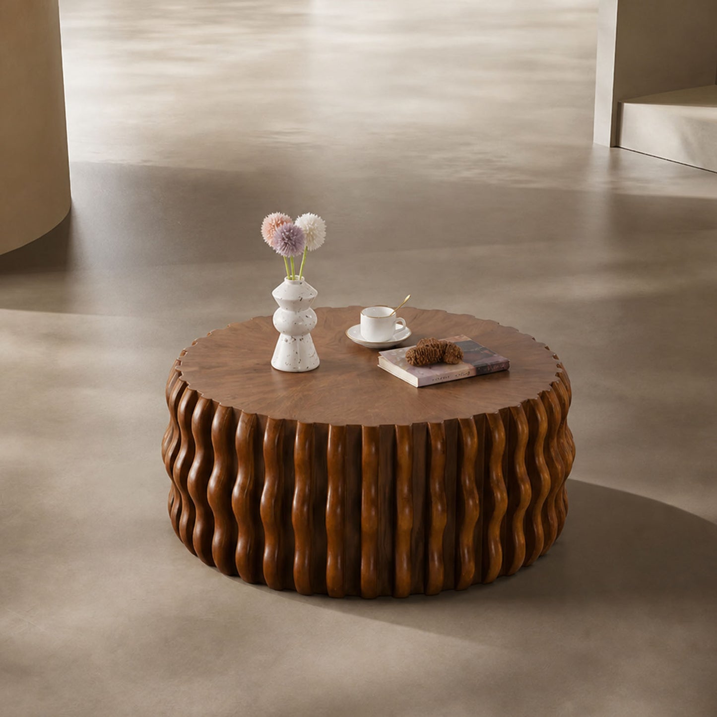 Fluted Wave-Drum Walnut Solid Wood Round Coffee Table