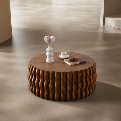 Fluted Wave-Drum Walnut Solid Wood Round Coffee Table