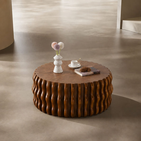 Fluted Wave-Drum Walnut Solid Wood Round Coffee Table
