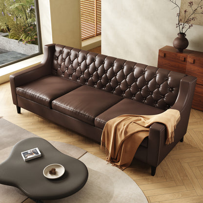 78.75" W Faux Leather Sofa, Button-Tufted 3-Seater Sofa, Mid Century Modern Vintage Brown Leather couches