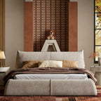 Queen Size Upholstered Bed Frame, Minimalist Low-Profile Floor Bed with Oversized Soft Headboard, Modern Mid-Century Linen Platform Bed, No Box Spring Needed, Beige