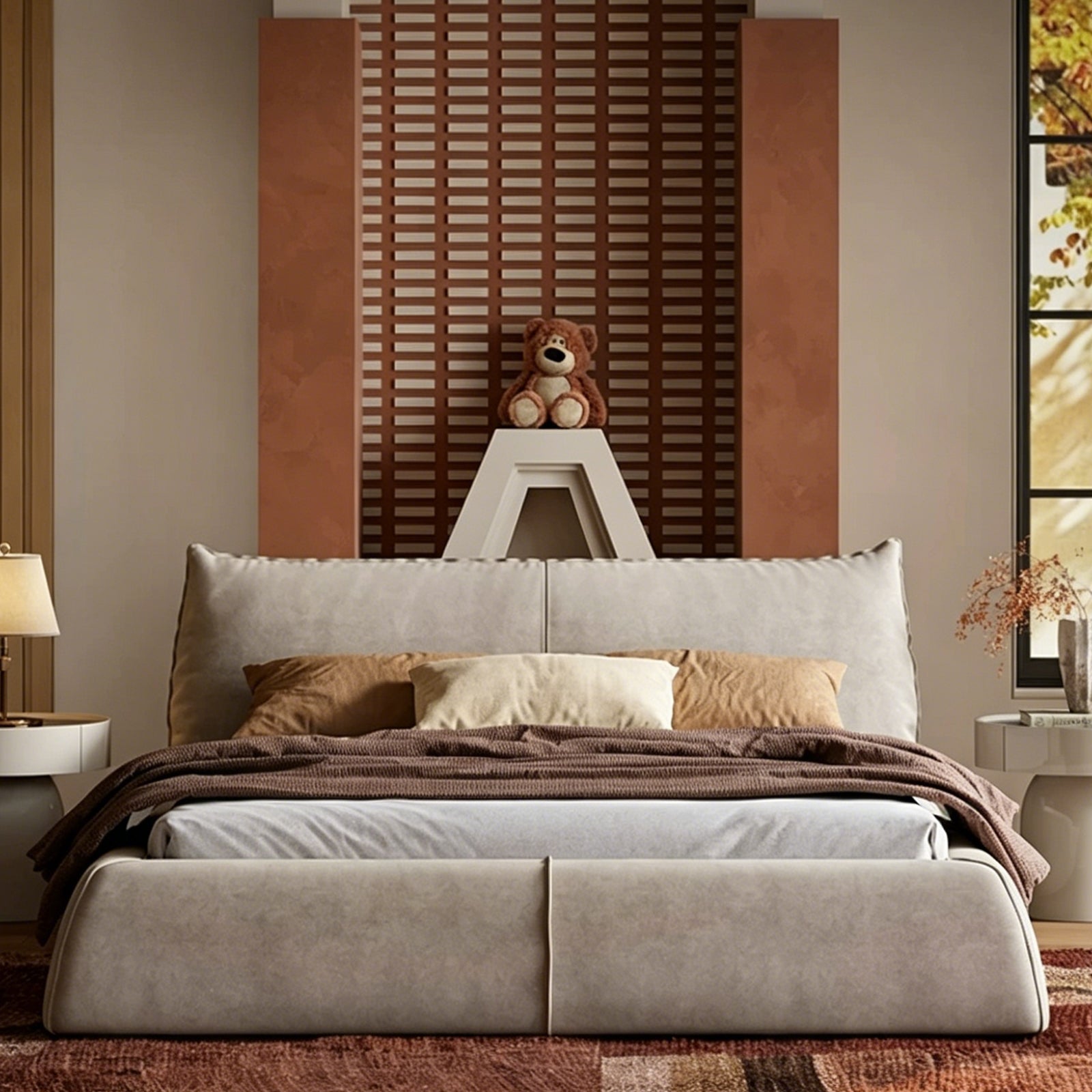 Queen Size Upholstered Bed Frame, Minimalist Low-Profile Floor Bed with Oversized Soft Headboard, Modern Mid-Century Linen Platform Bed, No Box Spring Needed, Beige