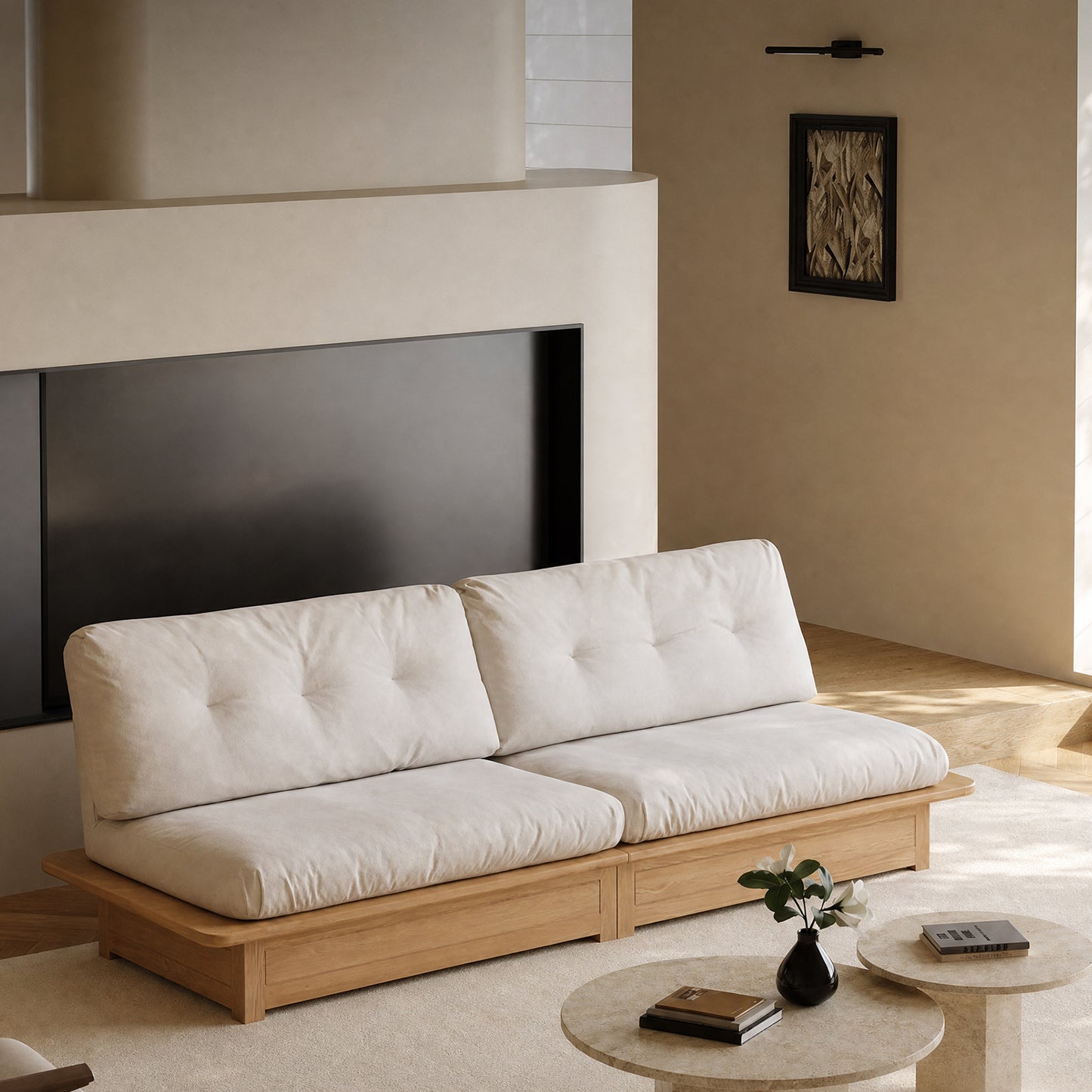 107.87" Natural Solid Wood Frame 3-Seater Modular Sofa, Cream Tufted Linen Floor Cushion Couch, Low Profile Japandi Sofa Max 2000 LBS for Living Room