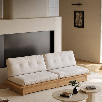 107.87" Natural Solid Wood Frame 3-Seater Modular Sofa, Cream Tufted Linen Floor Cushion Couch, Low Profile Japandi Sofa Max 2000 LBS for Living Room