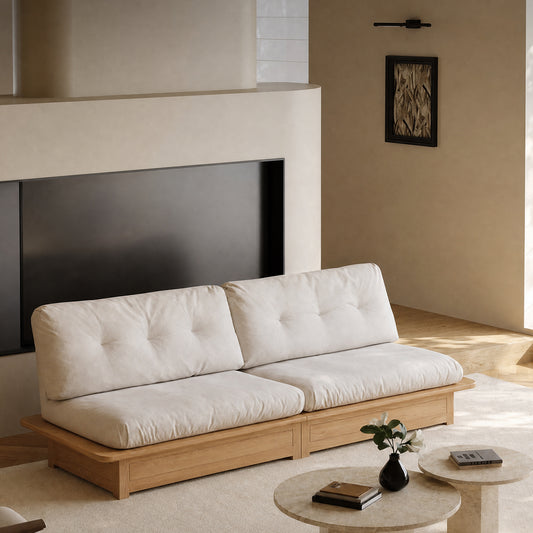 107.87" Natural Solid Wood Frame 3-Seater Modular Sofa, Cream Tufted Linen Floor Cushion Couch, Low Profile Japandi Sofa Max 2000 LBS for Living Room