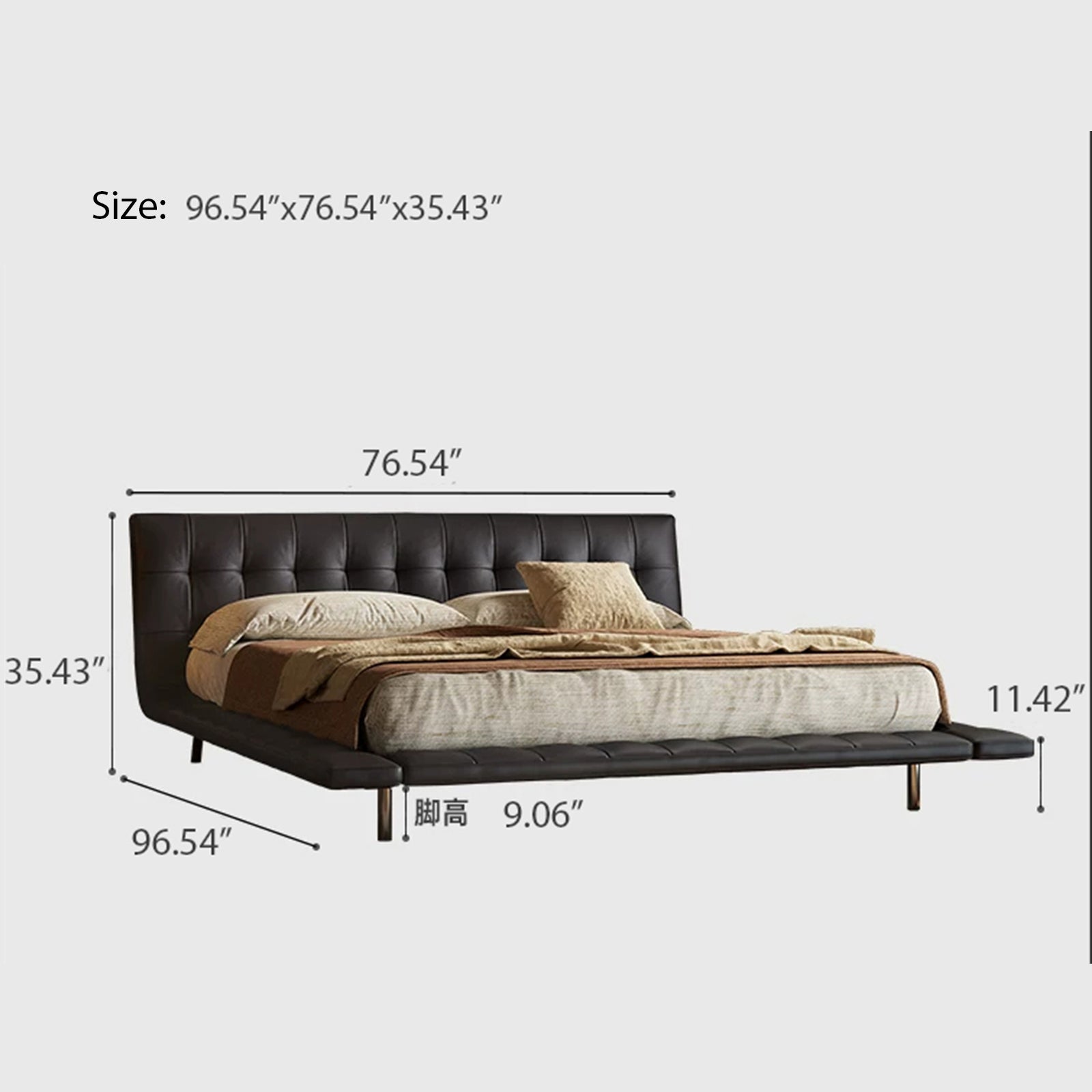 Queen Size Black Faux Leather Bed Frame, Minimalist Floating Platform Bed, Modern Luxury Tufted Upholstered Bed with Low Profile Headboard, No Box Spring Needed