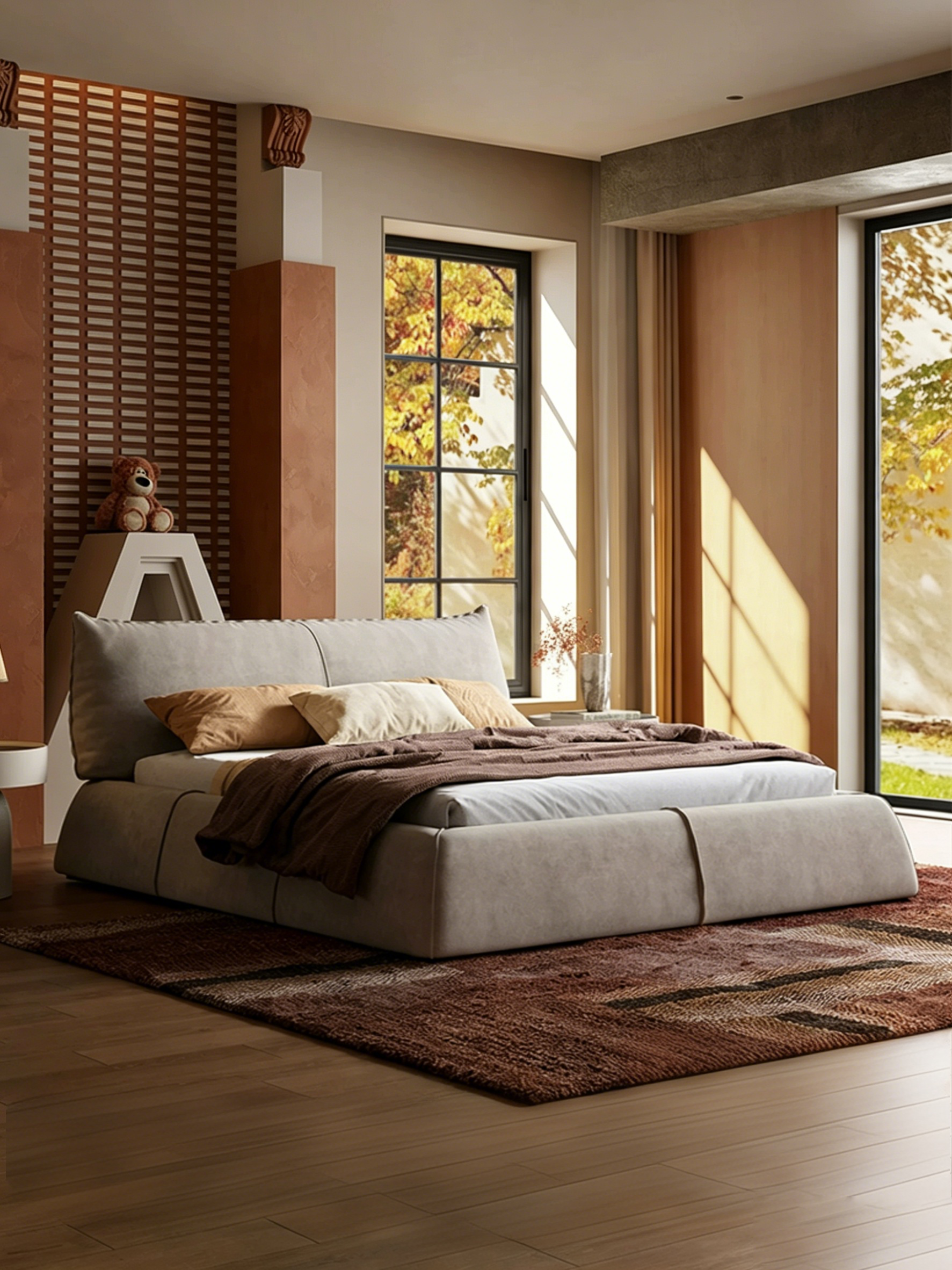 Queen Size Upholstered Bed Frame, Minimalist Low-Profile Floor Bed with Oversized Soft Headboard, Modern Mid-Century Linen Platform Bed, No Box Spring Needed, Beige