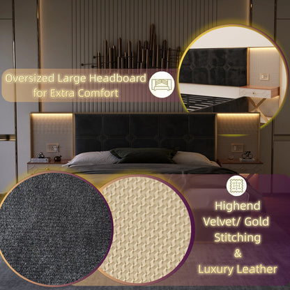 Wide Floor Upholstered Velvet Bed with Side LED Ambient Lighting