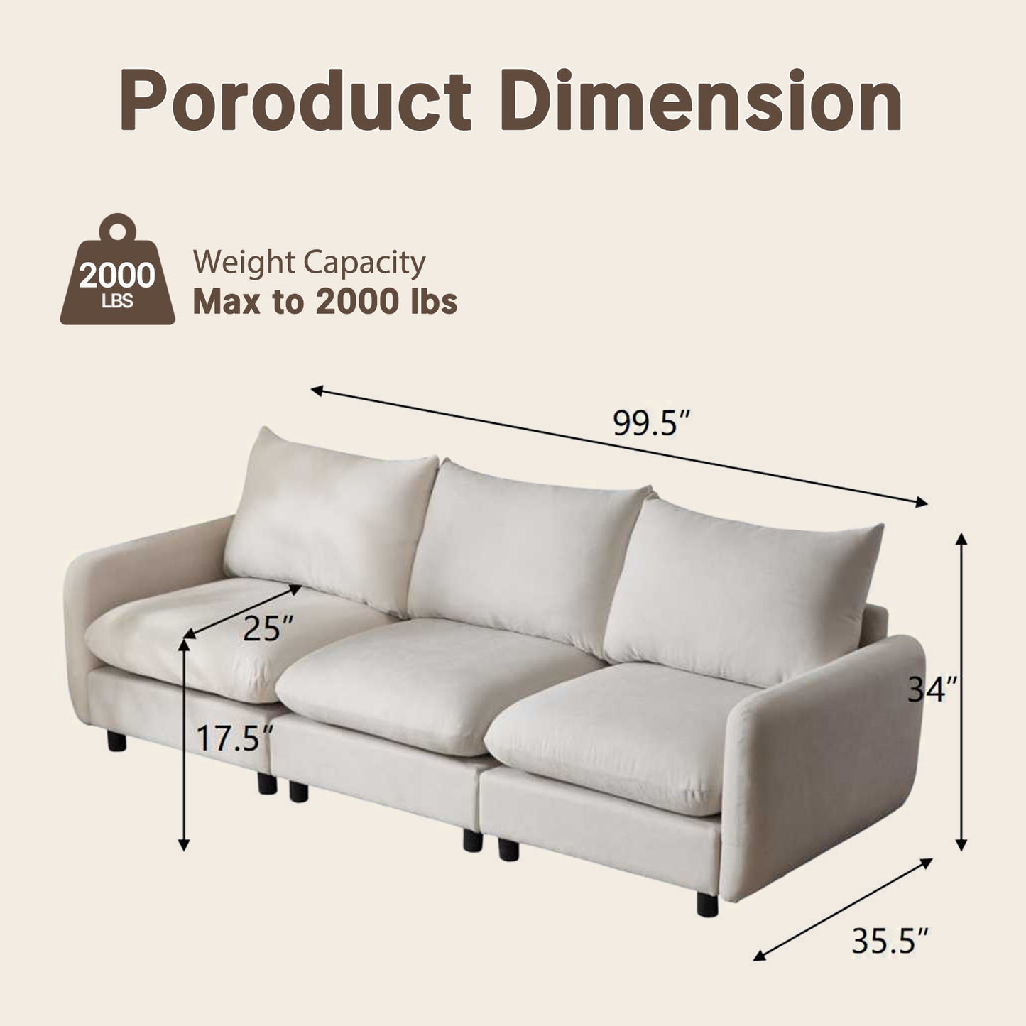 99.5" White Sectional Sofa – 3-Seat Lounge Sleeper, Heavy Duty 2000lbs