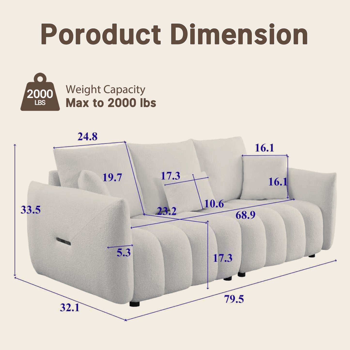 79.5-inch white wavy 3-seater sofa, boucle sofa, with side pockets and cushions, with a load capacity of 2000 pounds, sturdy and durable, minimalist and serene style, suitable for living rooms and apartments