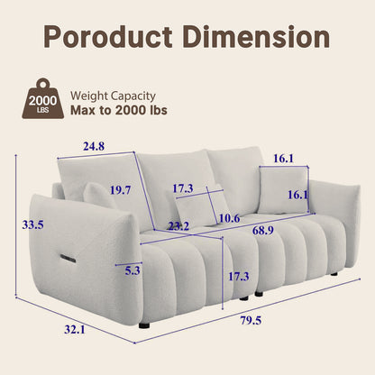 79.5-inch white wavy 3-seater sofa, boucle sofa, with side pockets and cushions, with a load capacity of 2000 pounds, sturdy and durable, minimalist and serene style, suitable for living rooms and apartments