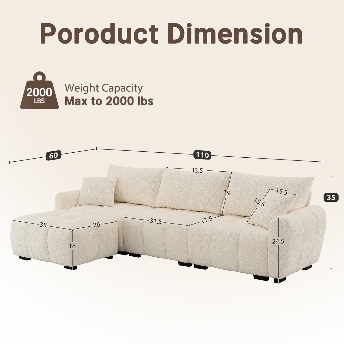 110" White Modular L-Sofa – Boucle Fabric, Lounge Sleeper, Heavy Duty 2000lbs