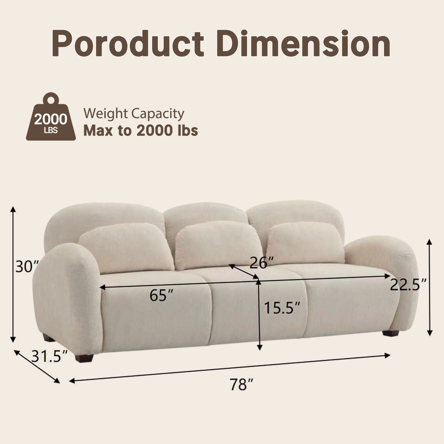 78-inch white cloud three-seater sofa, thickly padded backrest with curved armrests in sheepskin fabric, with a load capacity of 2000 pounds, a simple style fabric sofa, suitable for living rooms and minimalist-style apartments