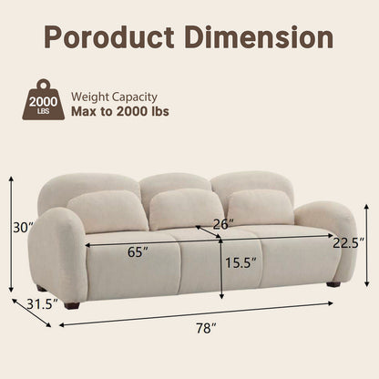 78-inch white cloud three-seater sofa, thickly padded backrest with curved armrests in sheepskin fabric, with a load capacity of 2000 pounds, a simple style fabric sofa, suitable for living rooms and minimalist-style apartments