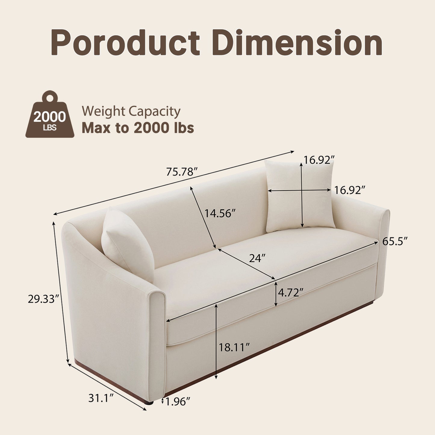 75.78-inch white double sofa - a reclining sofa, equipped with two throw pillows, no assembly required, capable of supporting up to 2000 pounds