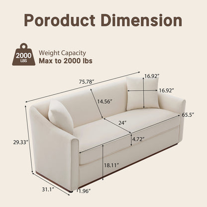 75.78-inch white double sofa - a reclining sofa, equipped with two throw pillows, no assembly required, capable of supporting up to 2000 pounds