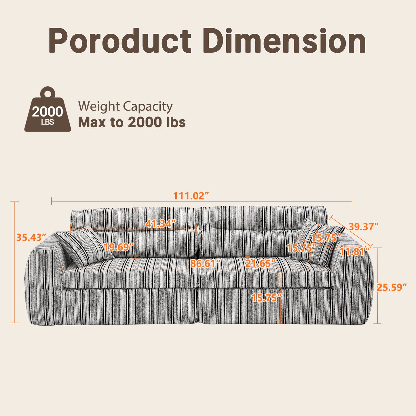 Modern multi-color striped 111.02-inch double sofa - modular design, comfortable and relaxing bed, equipped with cushions, made of solid wood, with a load-bearing capacity of 2000 pounds, easy to assemble