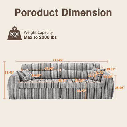 Modern multi-color striped 111.02-inch double sofa - modular design, comfortable and relaxing bed, equipped with cushions, made of solid wood, with a load-bearing capacity of 2000 pounds, easy to assemble