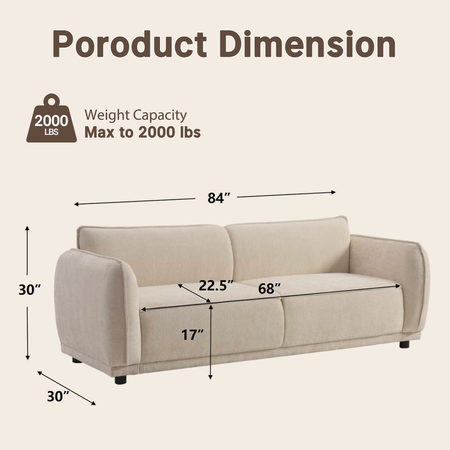 Minimalist rounded-edge combination module sofa, 84-inch white 2-seater, a rustic style sofa with a load-bearing capacity of 2000 pounds, suitable for various scenarios such as studios and villas.