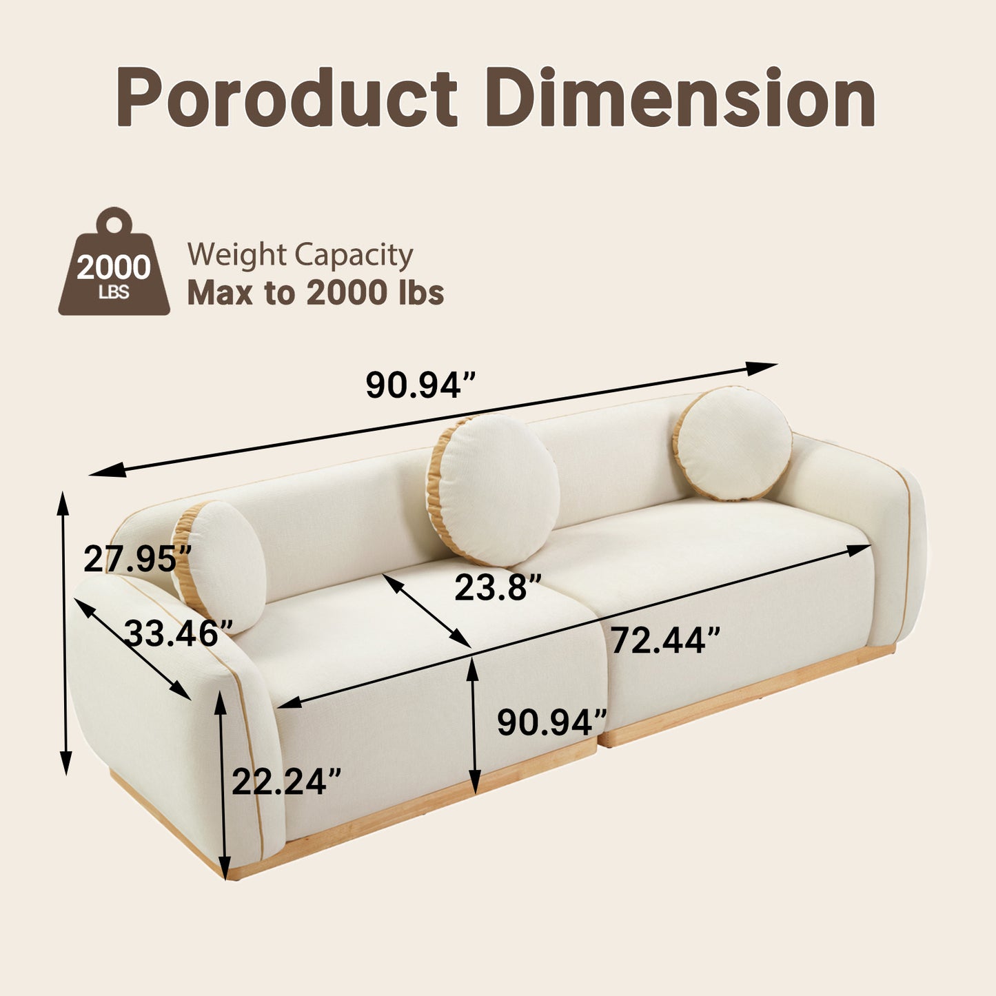 90.94 Inch White Boucle 2-Seater Modular Sofa,golden contrasting-stitching wooden base with armrests sofa, 2000-pound heavy-duty minimalist wabi-sabi style sofa, equipped with 3 round cushions, suitable for living rooms and villas