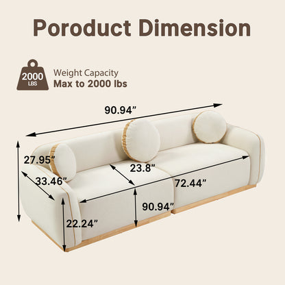 90.94 Inch White Boucle 2-Seater Modular Sofa,golden contrasting-stitching wooden base with armrests sofa, 2000-pound heavy-duty minimalist wabi-sabi style sofa, equipped with 3 round cushions, suitable for living rooms and villas