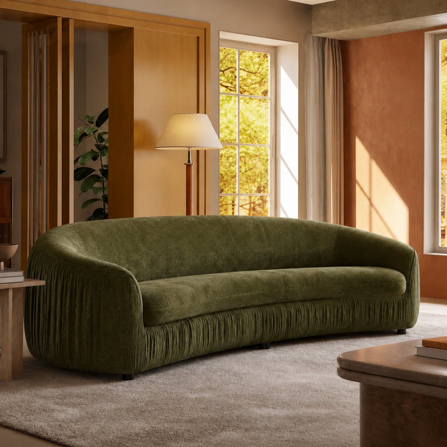 92.12-inch curved green sofa, equipped with two cushions, with a velvet fabric and wooden frame, capable of supporting 2000 pounds, a modern and luxurious curved sofa, suitable for living rooms and apartments.
