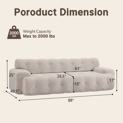 White 88-inch cloud sofa with armrests, capable of supporting 2000 pounds, no assembly required, a comfortable and relaxing recliner, suitable for living rooms and bedrooms.