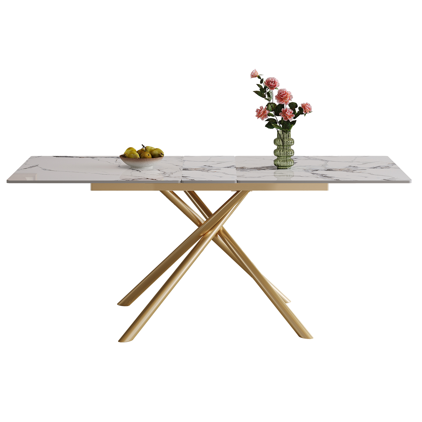 59-inch Modern rectangle Expandable Dining Table , Sintered Stone Top & Golden Carbon Steel X-Base