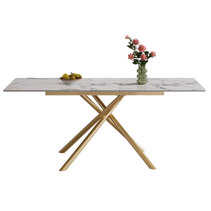 59-inch Modern rectangle Expandable Dining Table , Sintered Stone Top & Golden Carbon Steel X-Base