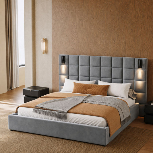 USB-Light Tufted Grey Velvet Upholstered Queen Bed