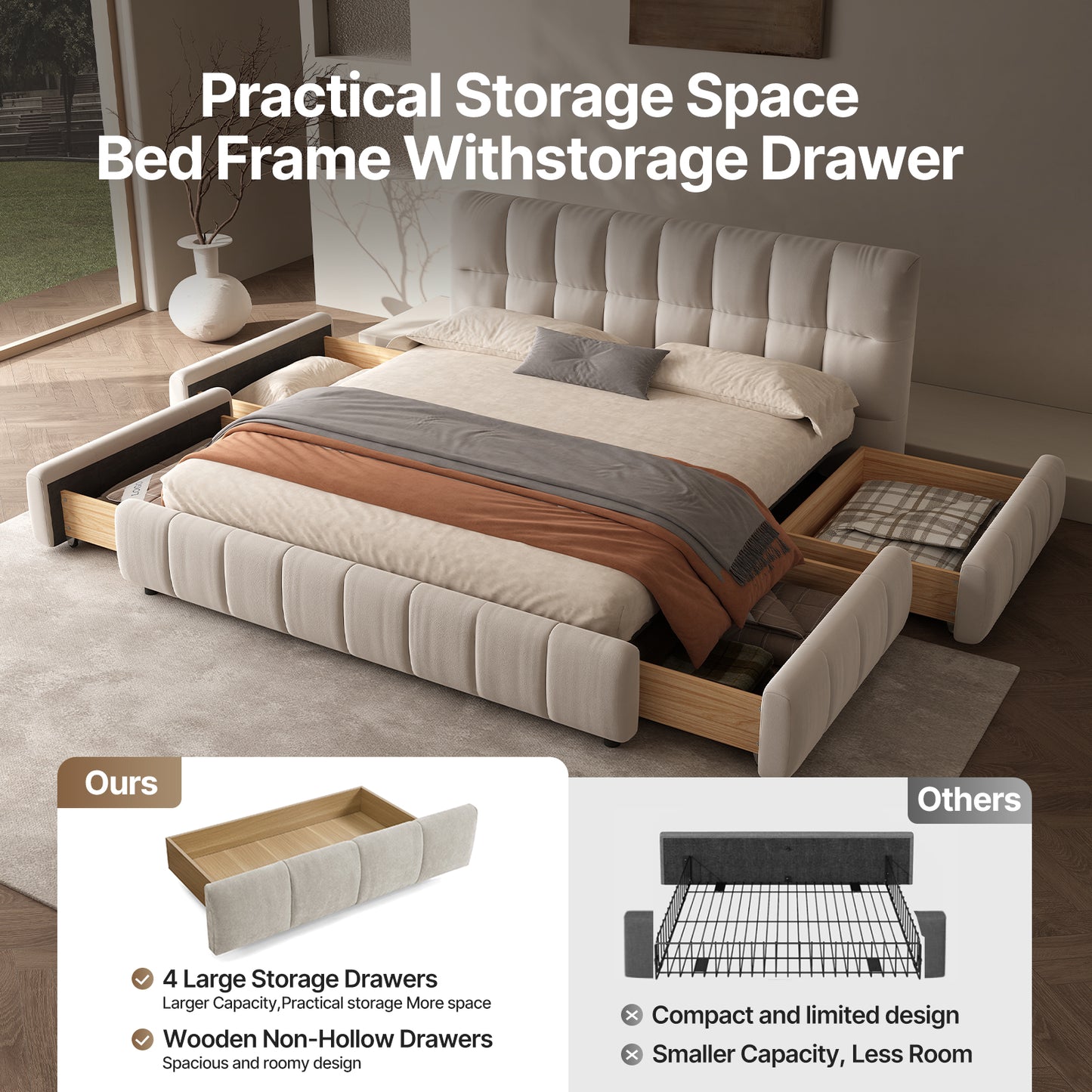 Queen Size Modern Cloud-Feel Bed Frame,With four drawers,Multi Color Beige/Green/Grey/Pink