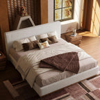 Modern Cloud-Feel Bed– Queen Size, Platform Bed with Soft Thick Headboard,Block White Fabric Upholstered Bed with Nice Wood Grain Textured Solid Wood Base Frame