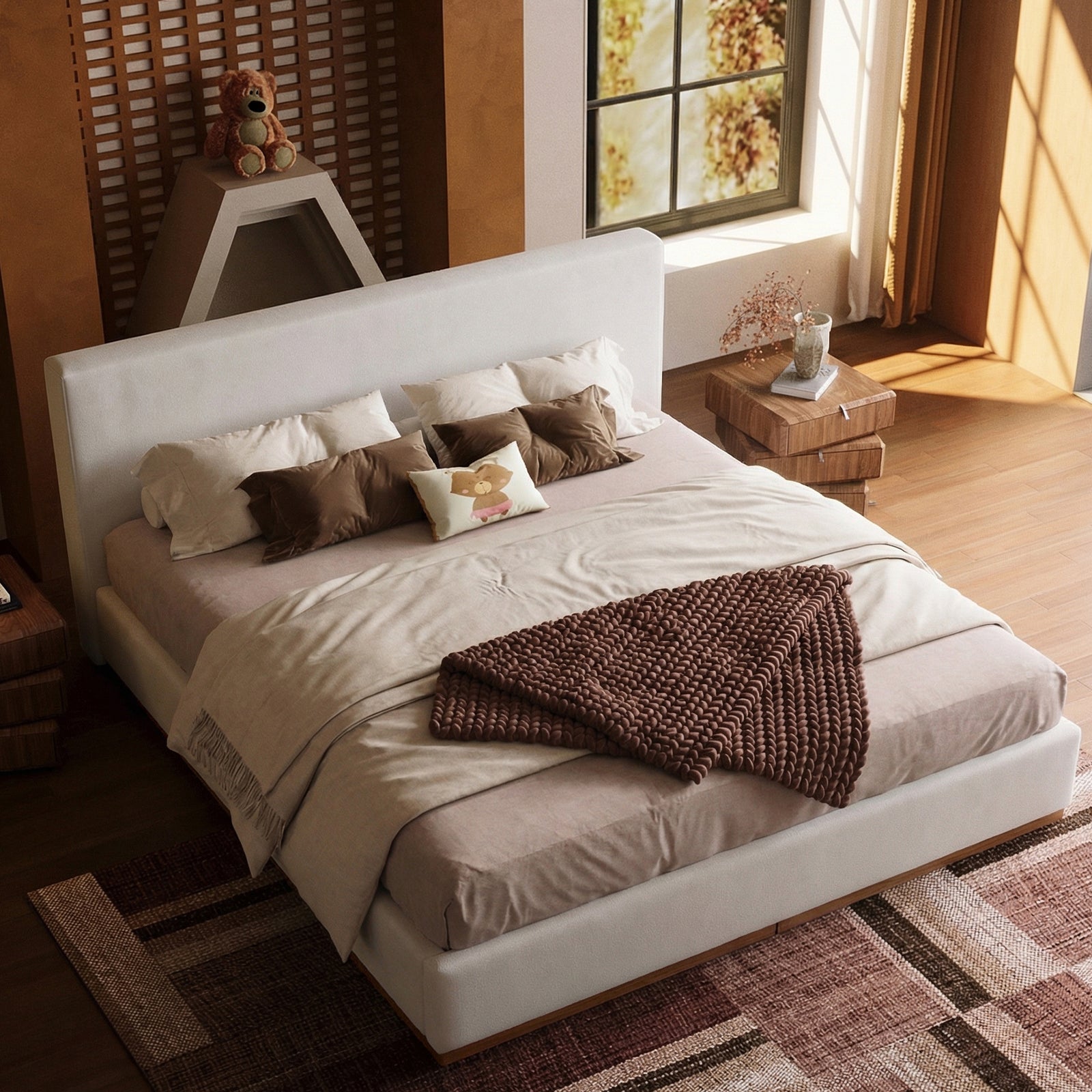 Modern Cloud-Feel Bed– Queen Size, Platform Bed with Soft Thick Headboard,Block White Fabric Upholstered Bed with Nice Wood Grain Textured Solid Wood Base Frame