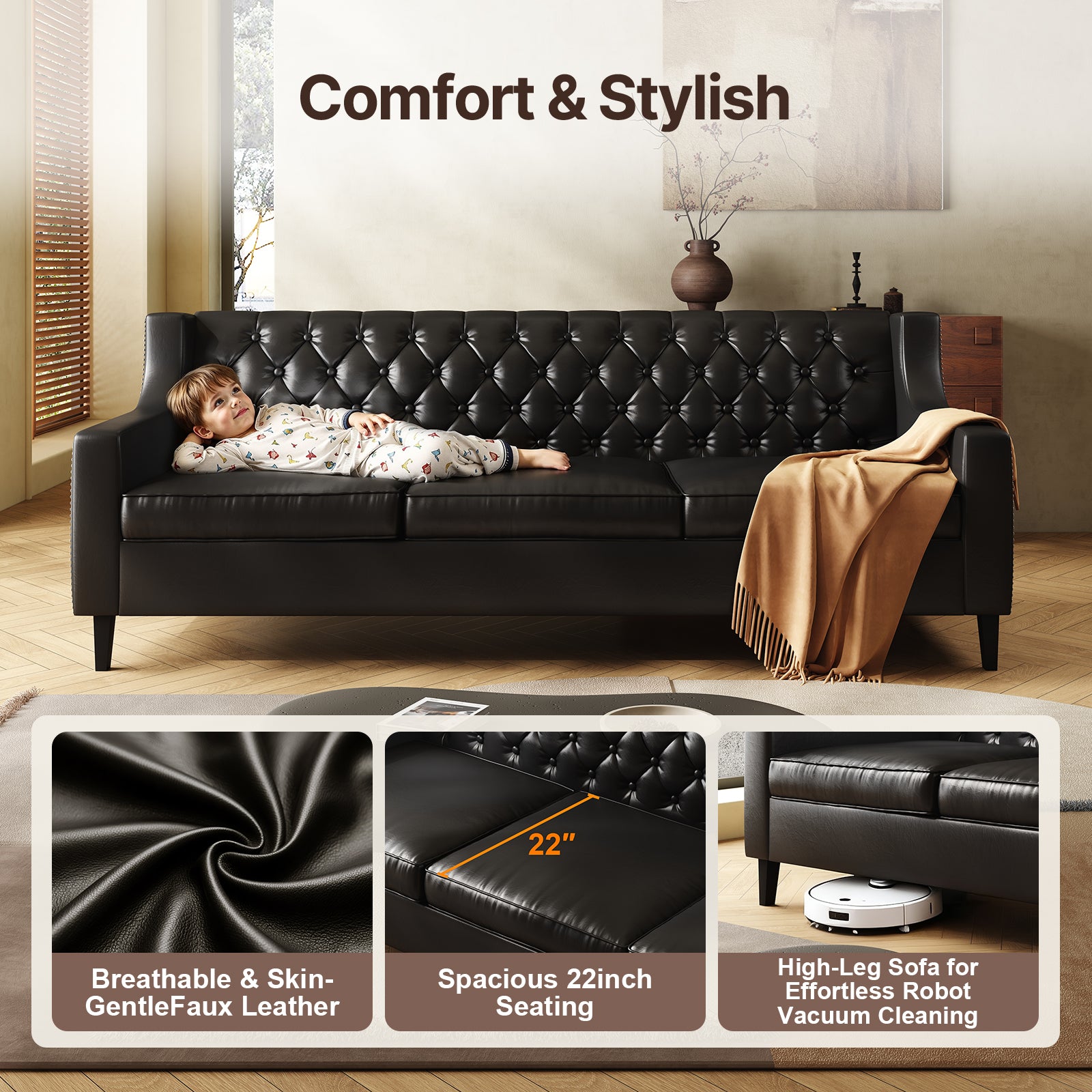 78.75" W Faux Leather Sofa, Button-Tufted 3-Seater Sofa, Mid Century Modern Vintage Brown Leather couches Couch for Living Room, Entertainment Area, Apartment,Office
