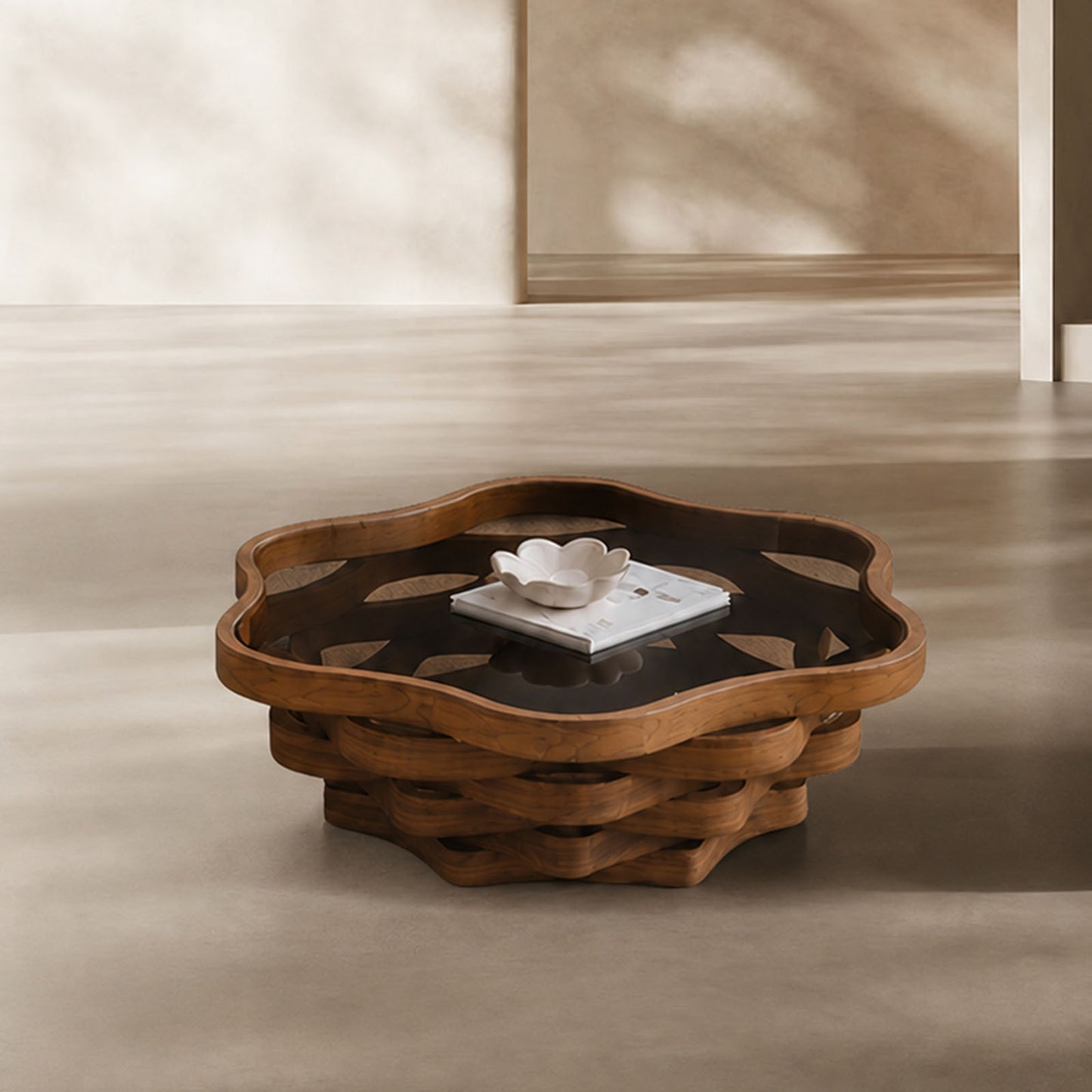 Multi-Layer Wave Hollow Base Irregular Glass Coffee Table