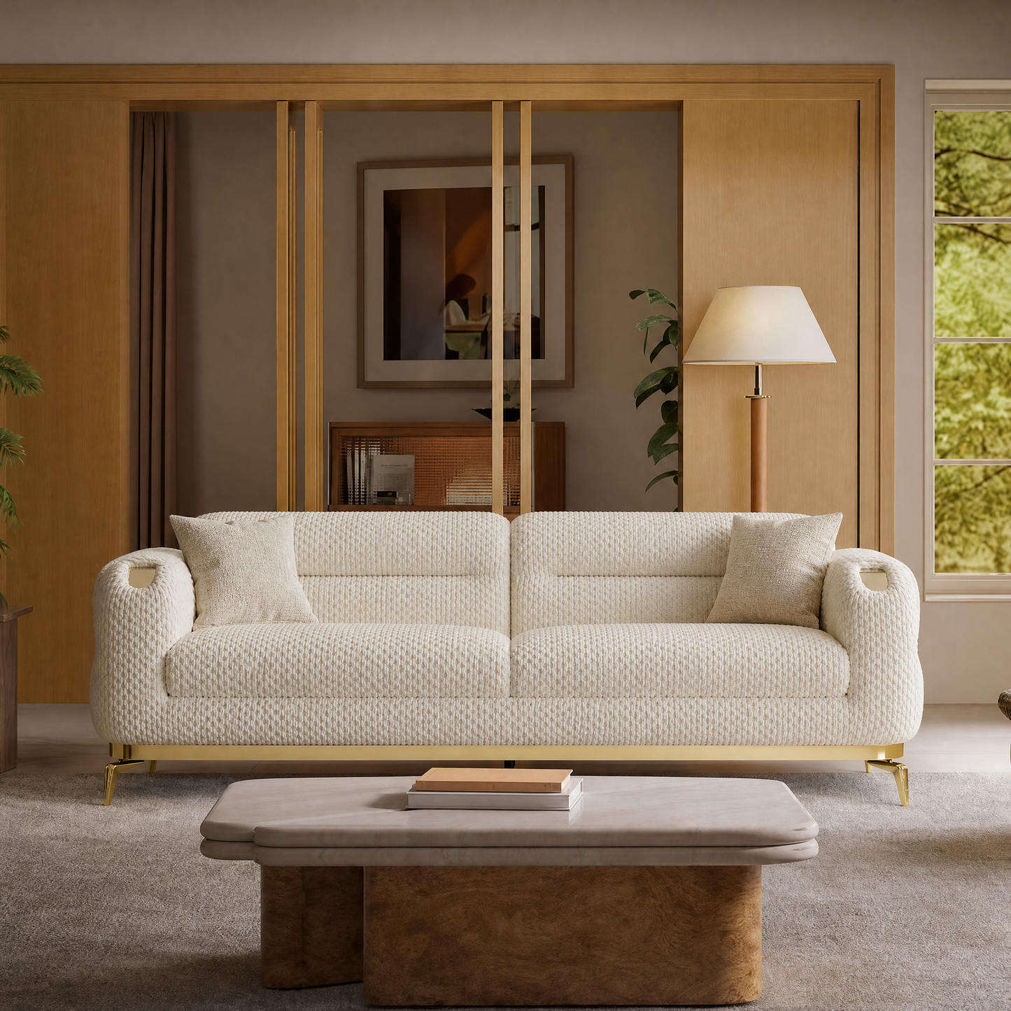 91-inch white textured 3-seater modular sofa, boucle fabric with two cushions, metal and wood frame, capable of supporting 2000 pounds, modern and luxurious living room apartment sofa