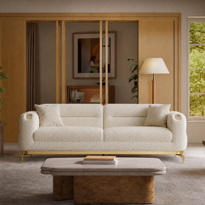 91-inch white textured 3-seater modular sofa, boucle fabric with two cushions, metal and wood frame, capable of supporting 2000 pounds, modern and luxurious living room apartment sofa