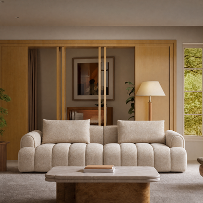 100-Inch Beige Vertical Stitching 3-Seater Sofa, Modern Bouclé Upholstered Sofa, Equipped with 2 Throw Pillows and a 2000-Pound Load-Bearing Wooden Frame