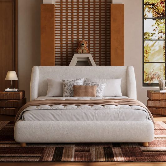 Wingback Curved Arm Teddy Velvet High-Weight Queen Bed