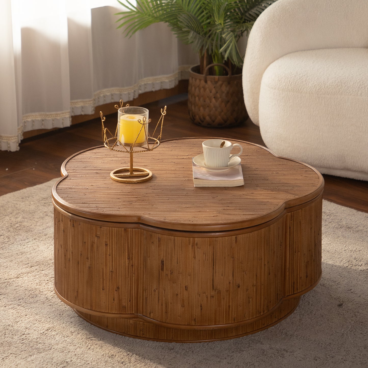 Plum-Blossom Flip-Top Rattan Storage Round Coffee Table