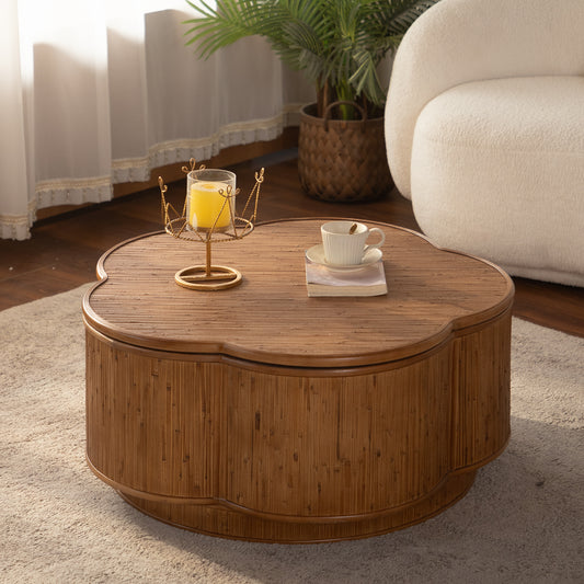 Plum-Blossom Flip-Top Rattan Storage Round Coffee Table
