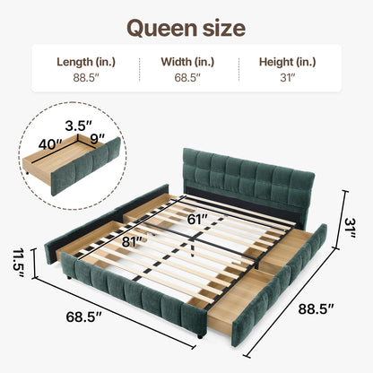 Queen Size Modern Cloud-Feel Bed Frame,With four drawers,Multi Color Beige/Green/Grey/Pink