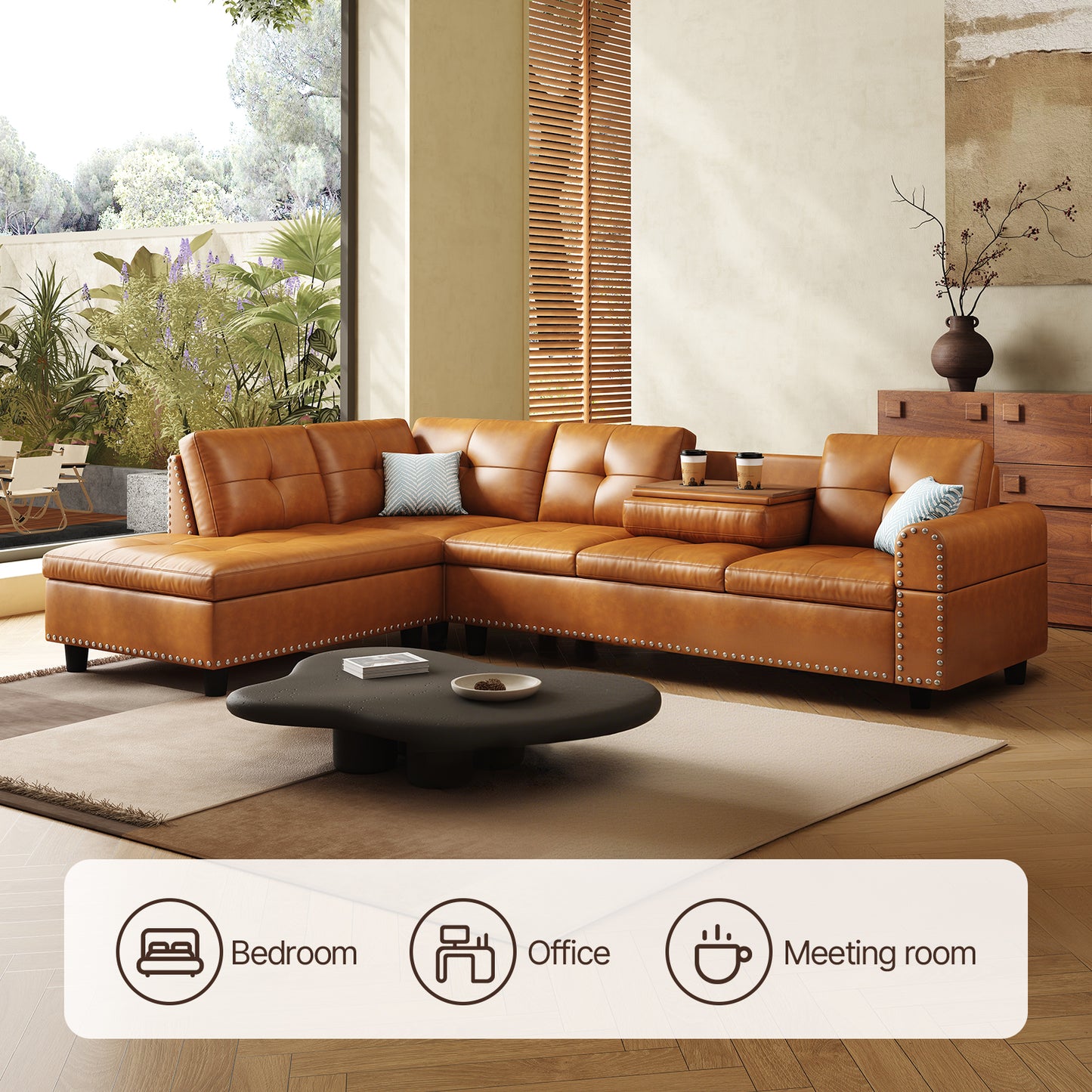 98" Faux Leather Couch L-Shaped Modular – Convertible Sectional Couch with Movable Chaise