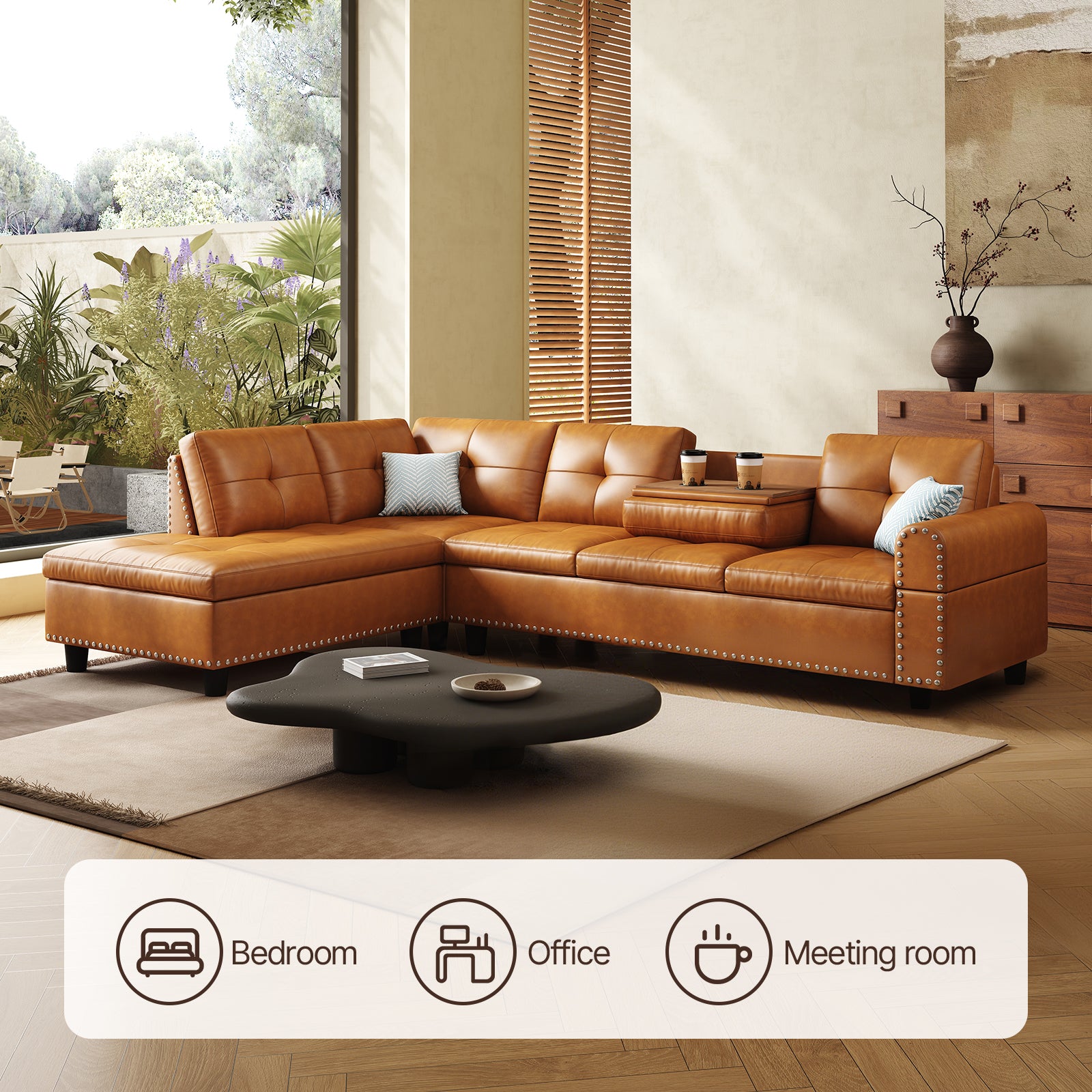 98" Leather Couch L-Shaped Modular – Convertible Sectional Couch with Movable Chaise, Multi-Scene Use for Living Room, Apartment & Office