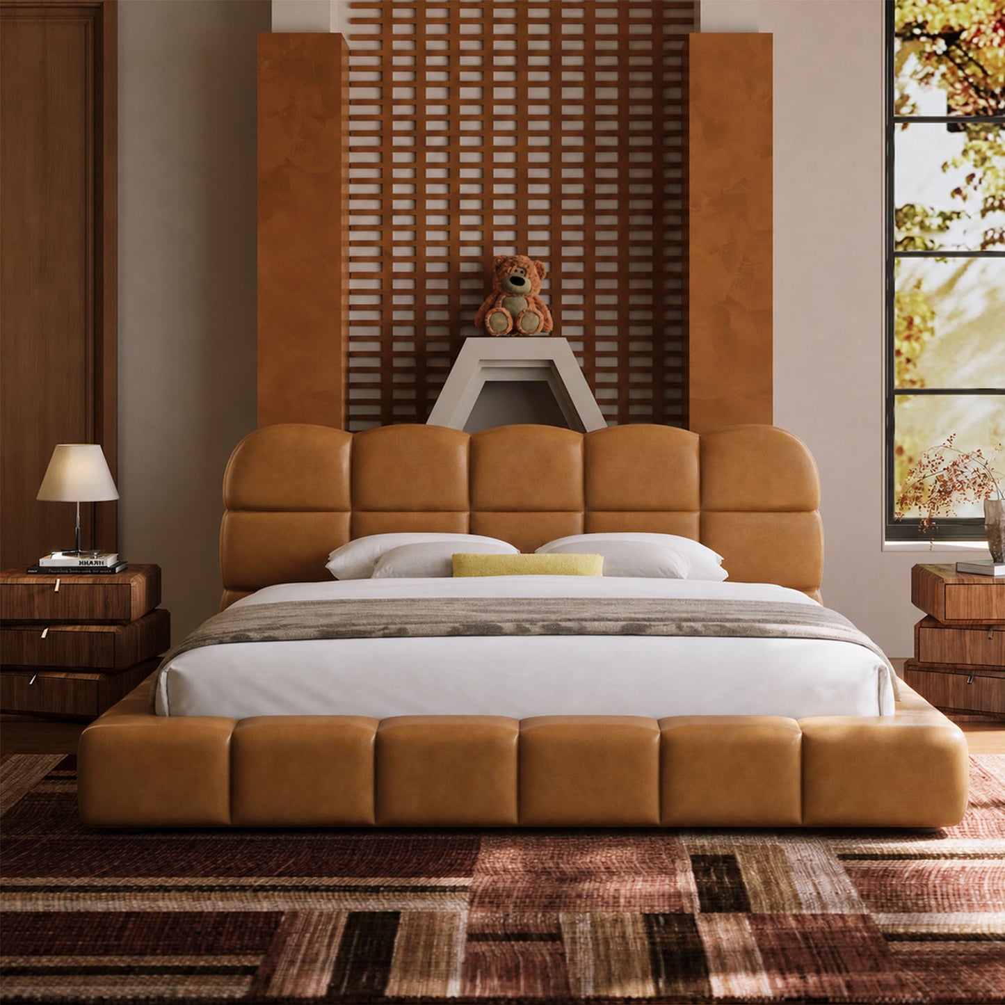 Biscuit-Tufted Caramel Faux Leather High-Weight Bed
