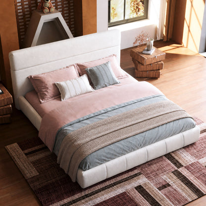 Boucle Puff Segmented Bed Double Headboard Cloud Style Wood Slats Cream Minimalist Assembly
