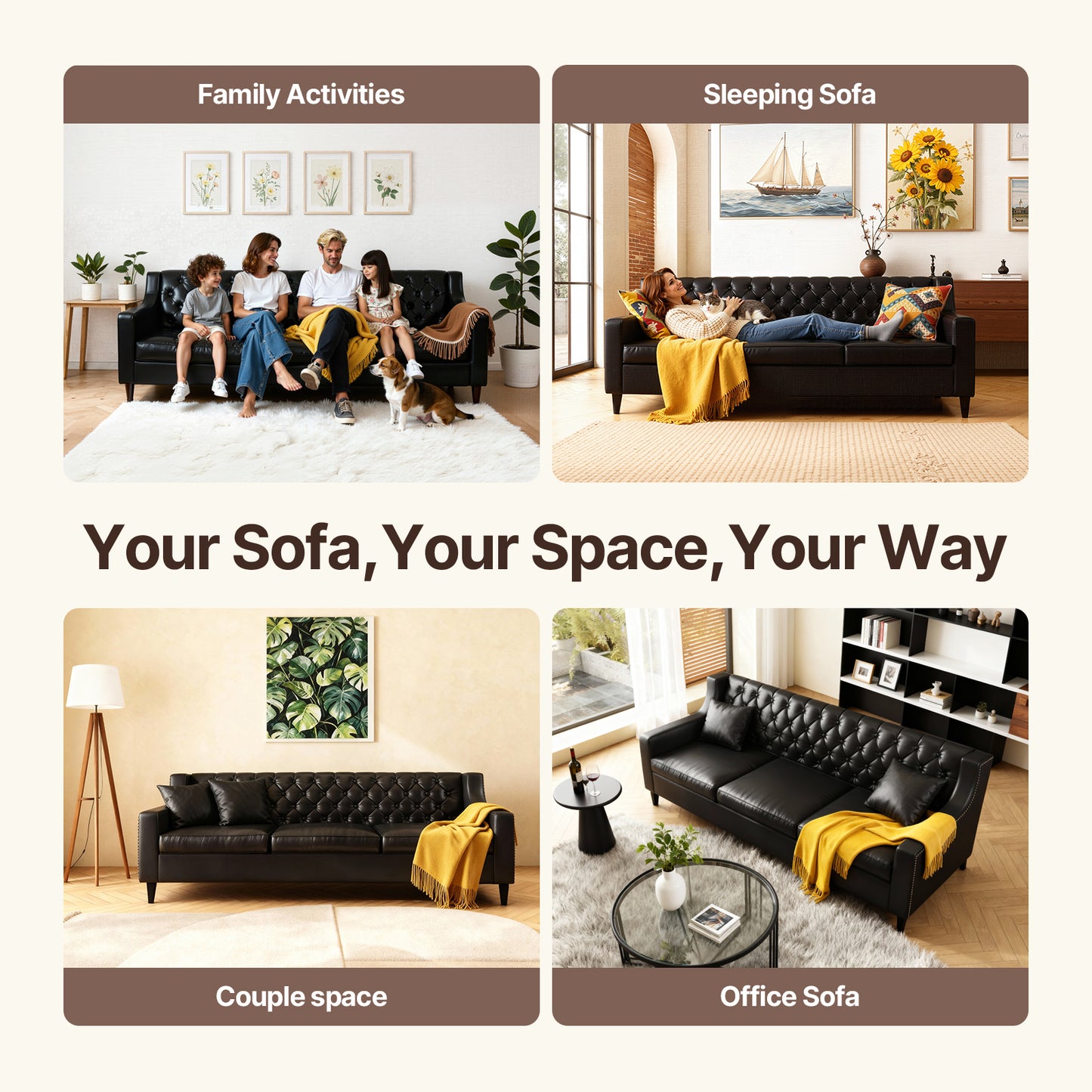 78.75" W Faux Leather Sofa, Button-Tufted 3-Seater Sofa, Mid Century Modern Vintage Brown Leather couches