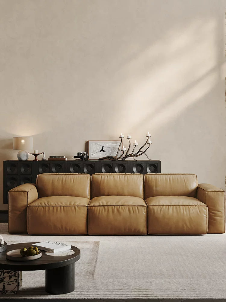 air Leather 3 Piece Sofa in Camel - Faux Leather 3 Seater Couch - Comfy Mid Century Modern Sofa for Living Room, Apartment