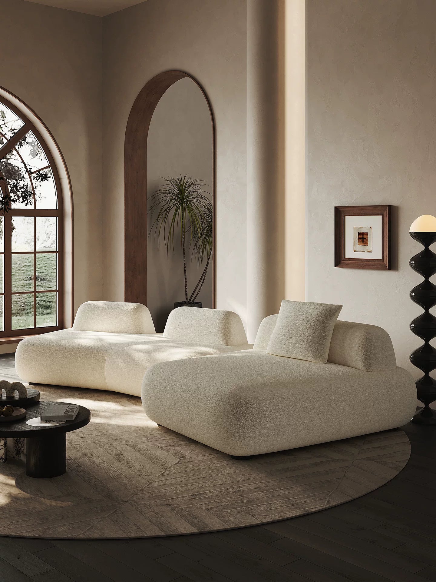 128" Curved Sectional Sofa for Living Room, 4-Seater Modular Linen Couch, Modern Minimalist Curved Sofa, Beige