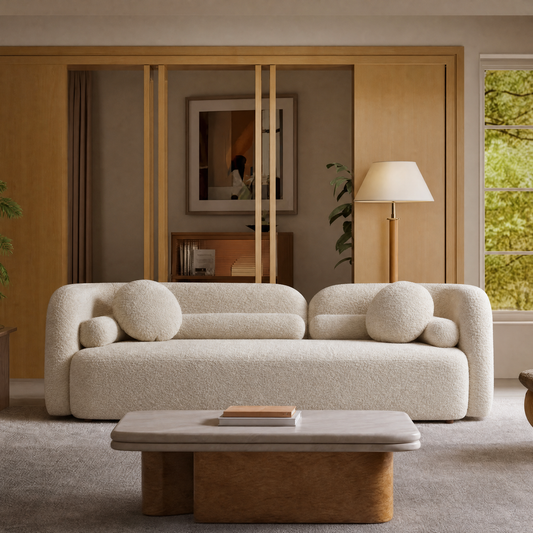88.58-inch cream-colored 3-seater sofa, modern cloud-shaped velvet fabric sofa with decorative cushions, wooden frame with a load-bearing capacity of 2000 pounds, minimalist style living room apartment sofa